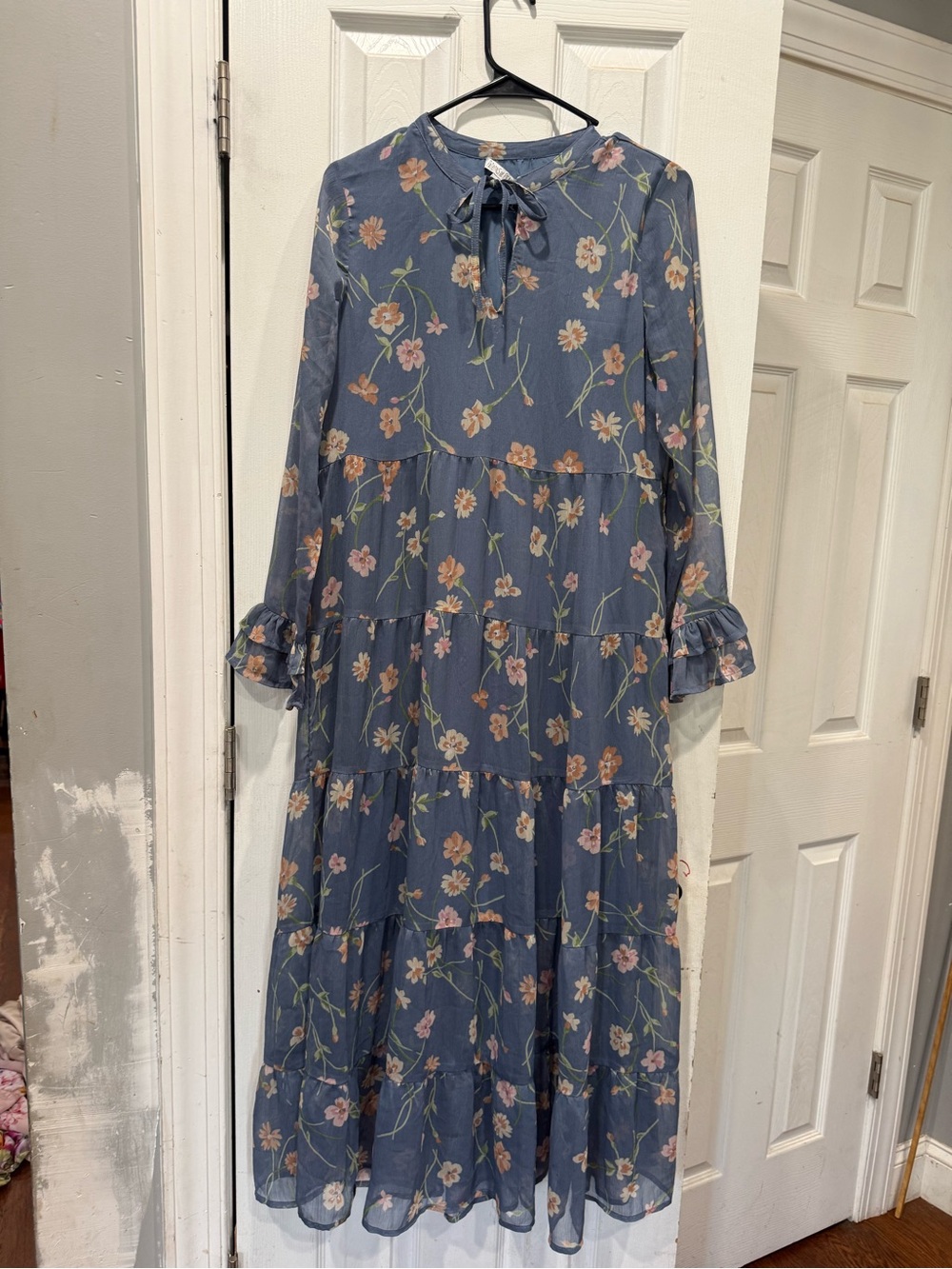 Patrons of Peace Blue Floral Tie-Neck Tiered Maxi Dress